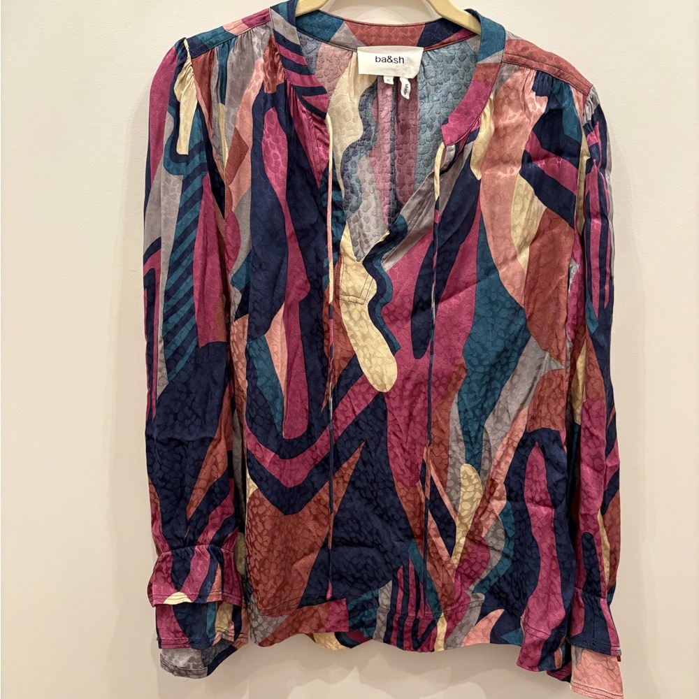 ba&sh Multicolor Abstract Print Long-Sleeve Silk Blouse